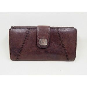 Fossil Brown Leather Checkbook Wallet Clutch Kiss Snap Closure Credit Card